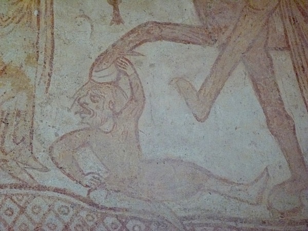 détail de la fresque du mur ouest de la chapelle templière de Cressac-Dognon; photo JP Schmit